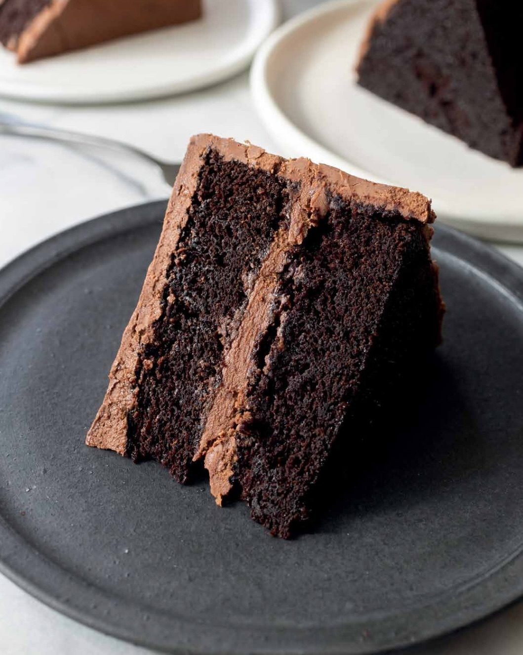 Two tall slices of dark chocolate layer cake with mocha frosting on a matte black plate